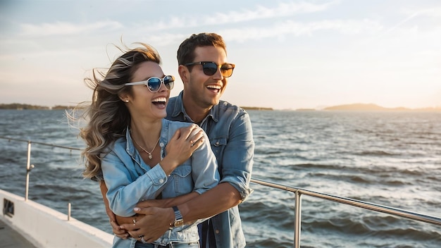 Un couple heureux riant voyageant en été par mer un homme et une femme portant des lunettes de soleil