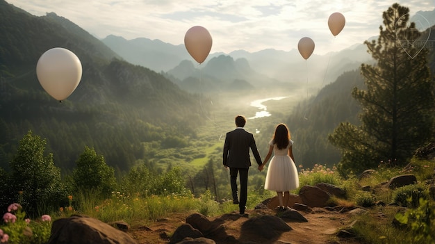 Un couple heureux s'élevant dans le ciel avec des ballons colorés