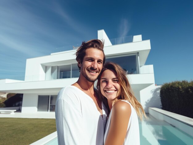 Couple heureux s'embrassant devant leur nouvelle maison moderne avec piscine Concept immobilier de maison familiale