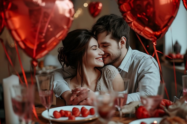 Un couple heureux s'embrasse à la maison pour la Saint-Valentin