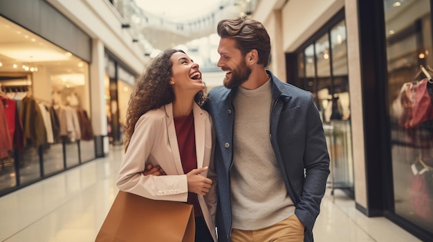 Couple heureux avec des sacs à provisions personnes vente concept de consommation et de style de vie