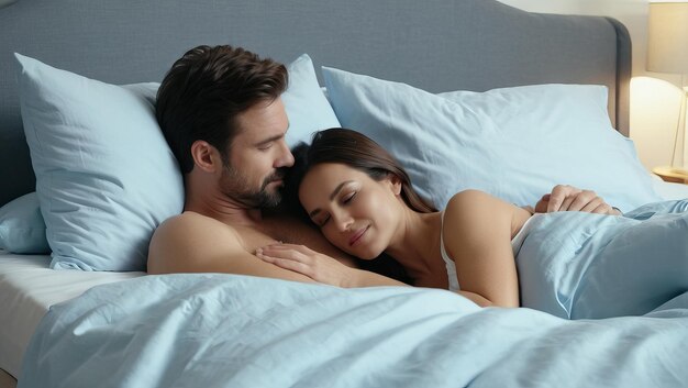 Un couple heureux se détend sur un lit confortable dans la chambre à coucher Concept de relation saine