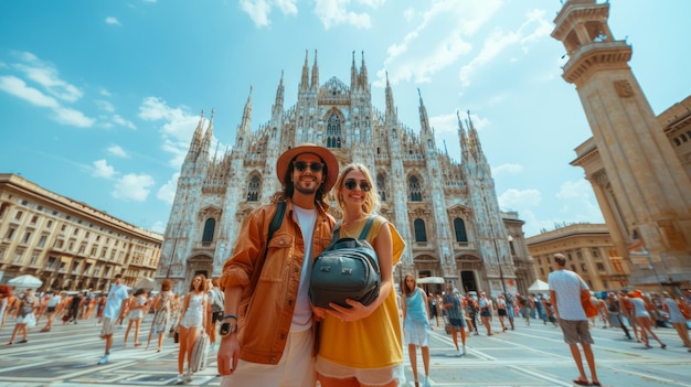 Un couple heureux se fait un selfie à la cathédrale du Duomo de Milan