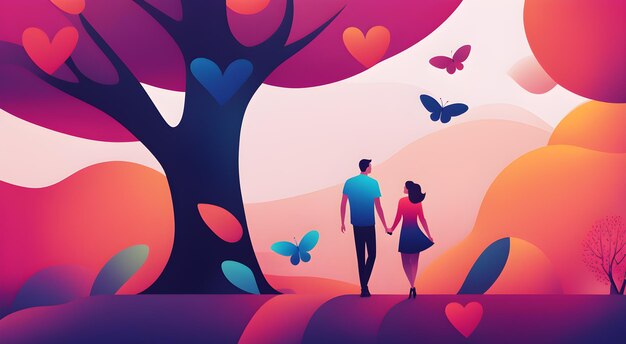 Photo un couple heureux se promenant ensemble dans le parc et tenant un cœur rouge sur un fond rose le jour de la saint-valentin.