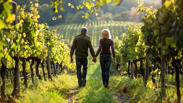 Photo un couple heureux se promène dans un vignoble vert et luxuriant, main dans la main, souriant et profitant du soleil chaud.