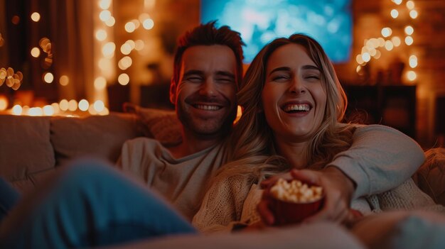 Photo couple heureux se serrent dans les bras et passent une soirée de détente ensemble au cinéma à domicile