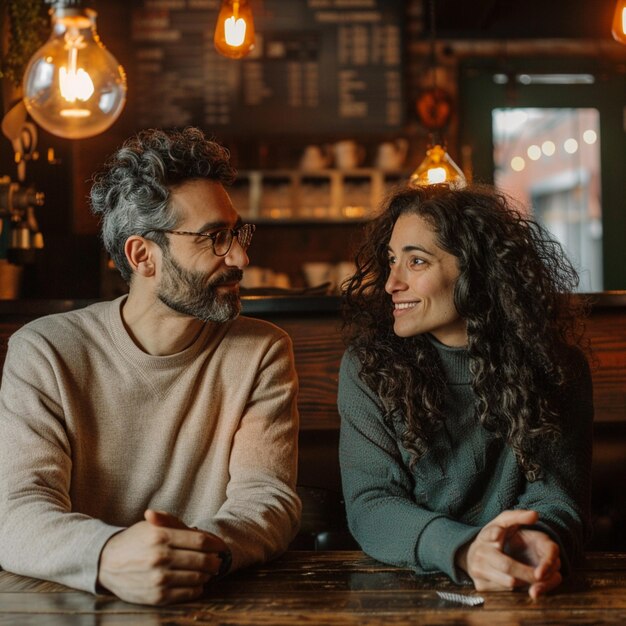 Un couple heureux se tenant par la main et parlant dans un café.