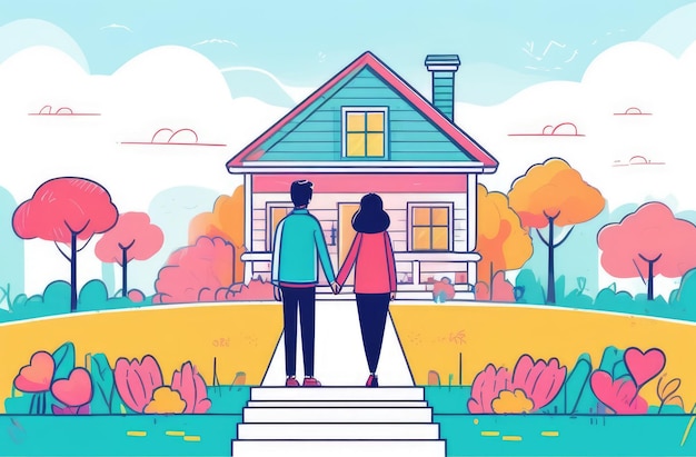 un couple heureux se tenant par la main en regardant une maison nouvellement construite.