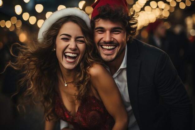 un couple heureux en tenue de fête s'amuse à la fête de Noël