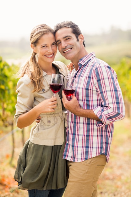 Couple heureux, tenue, verres vin