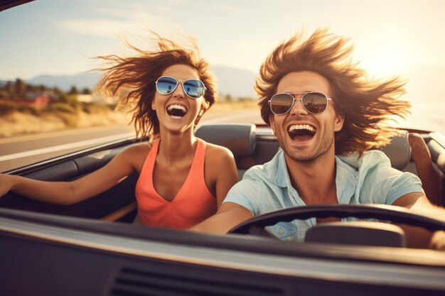 un couple heureux en vacances en voiture IA générative