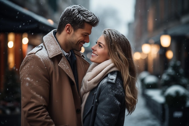 Couple en hiver La magie de passer du temps ensemble quand il fait froid et qu'il neige autour d'eux, se réchauffent avec leur amour et créent des souvenirs inoubliables en hiver