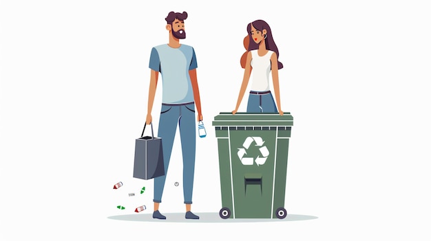 un couple et un homme avec une poubelle dont l'une a un recyclage