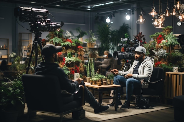 Un couple d'hommes assis dans des chaises dans un studio de podcast avec des caméras et des lumières