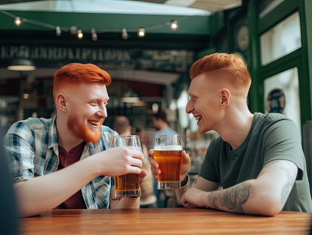 Couple d'hommes buvant de la bière dans un bar le jour AI générative