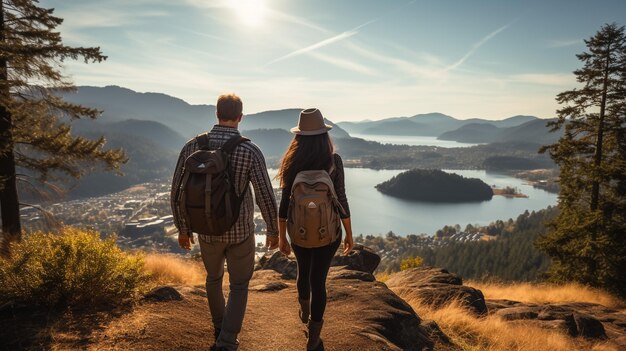 Un couple d'hommes et de femmes assis sur le bord d'un rocher de grès et regardant l'horizon entouré de pins par une journée ensoleillée