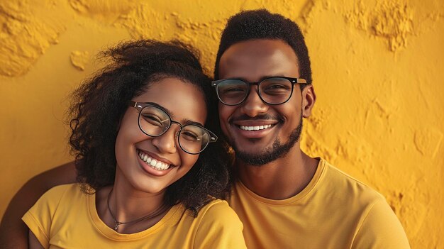 couple d'hommes et de femmes noirs portant des lunettes dans une photo de studio avec des vêtements et un fond jaune