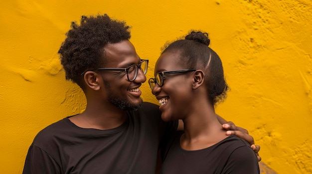 Photo couple d'hommes et de femmes noirs portant des vêtements et des lunettes noirs sur un fond jaune