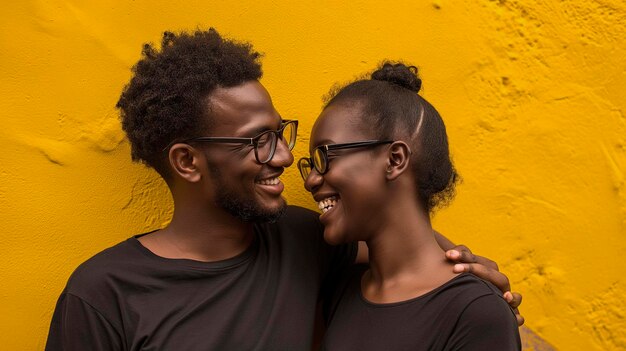 Photo couple d'hommes et de femmes noirs portant des vêtements et des lunettes noirs sur un fond jaune