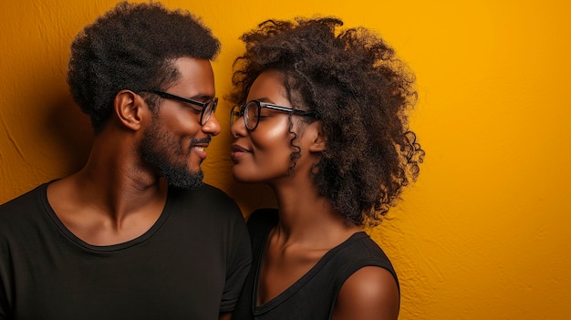 Photo couple d'hommes et de femmes noirs portant des vêtements et des lunettes noirs sur un fond jaune