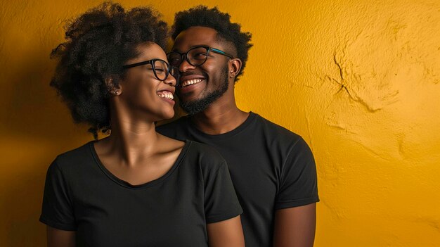 Photo couple d'hommes et de femmes noirs portant des vêtements et des lunettes noirs sur un fond jaune