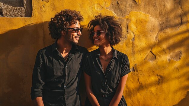 couple d'hommes et de femmes portant des vêtements noirs et des lunettes sur un fond jaune