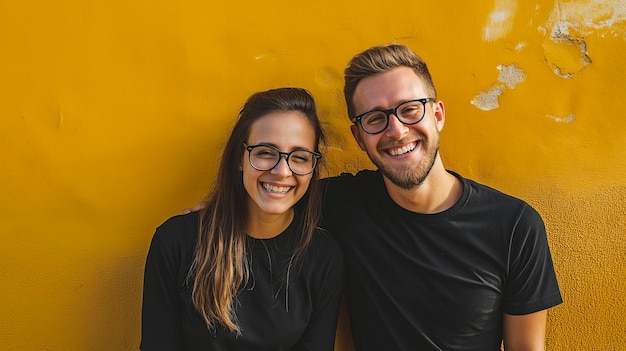 Photo couple d'hommes et de femmes portant des vêtements noirs et des lunettes sur un fond jaune