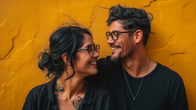 couple d'hommes et de femmes portant des vêtements noirs et des lunettes sur un fond jaune