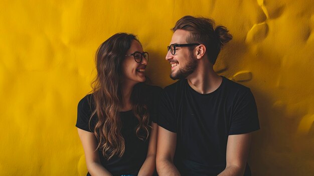 couple d'hommes et de femmes portant des vêtements noirs et des lunettes sur un fond jaune