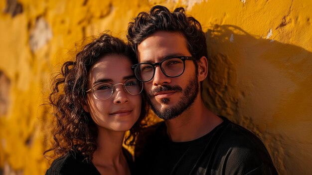 Photo couple d'hommes et de femmes portant des vêtements noirs et des lunettes sur un fond jaune