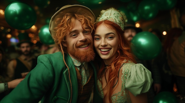 Un couple d'hommes et de femmes vêtus de vert célébrant la fête de Saint-Patrick