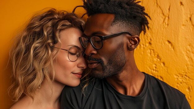 couple d'hommes noirs et de femmes blondes portant des vêtements noirs et des lunettes sur un fond jaune