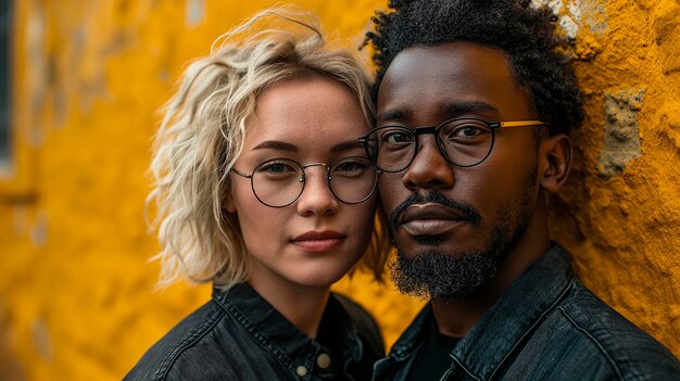 Photo couple d'hommes noirs et de femmes blondes portant des vêtements noirs et des lunettes sur un fond jaune