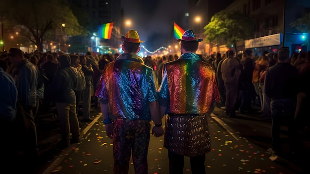 Couple d'hommes la nuit du défilé de la fierté Concept de fierté LGBT généré par l'IA