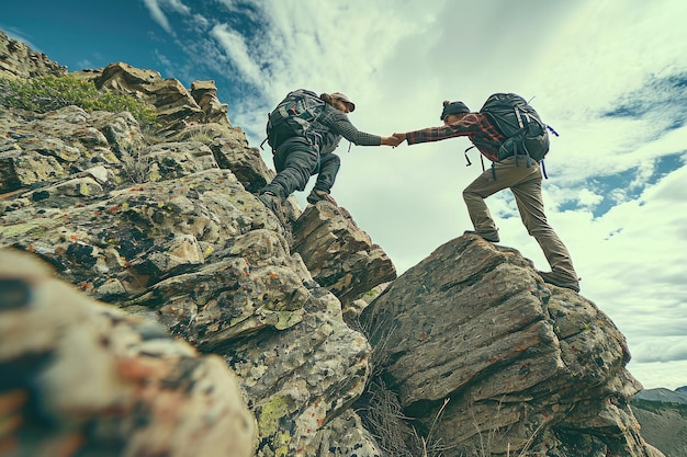 Un couple d'hommes relève sans crainte le défi vertical de l'ascension d'une montagne majestueuse. Un randonneur plein d'entrain cherche la main de son ami pour gravir la montagne. IA générée