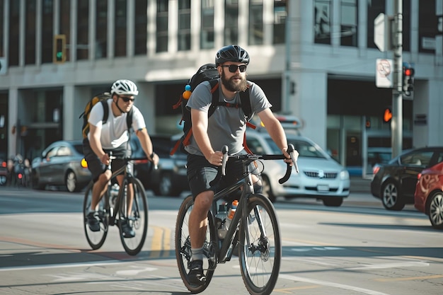 Un couple d'hommes à vélo dans une rue.