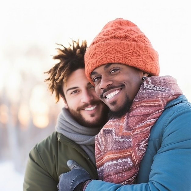 Un couple homosexuel aimant profite d'une journée d'hiver romantique