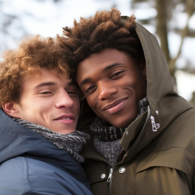 Photo un couple homosexuel aimant profite d'une journée d'hiver romantique