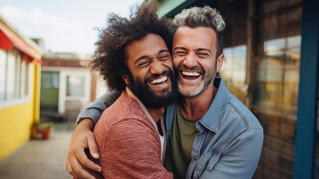 Un couple homosexuel qui s'embrasse et sourit heureux à l'extérieur.