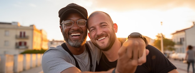 Photo un couple homosexuel s'étreint et sourit heureux à l'extérieur