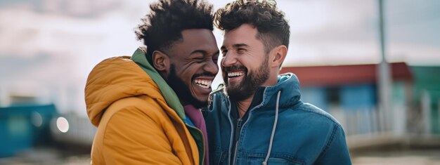 Photo un couple homosexuel s'étreint et sourit heureux à l'extérieur