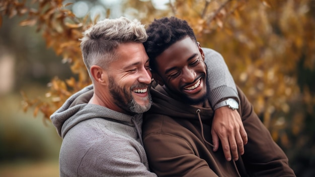 Photo un couple homosexuel s'étreint et sourit heureux à l'extérieur