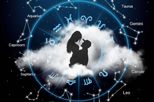 Photo un couple d'horoscopes, un garçon et une fille, sur le fond d'un cercle avec les signes du zodiaque.