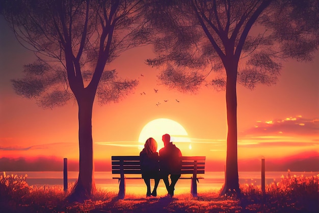 Couple hugging sur un banc de parc tout en profitant d'un beau coucher de soleil