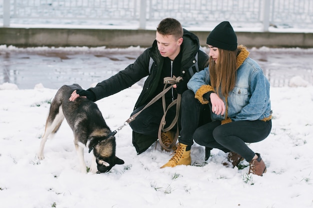 couple avec des huskies