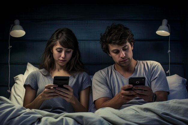 Couple d'hypnose numérique au lit collé aux smartphones symbolisant l'influence des médias sociaux