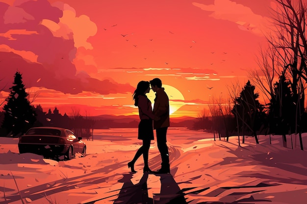 couple sur illustration de silhouette de paysage de coucher de soleil d'hiver