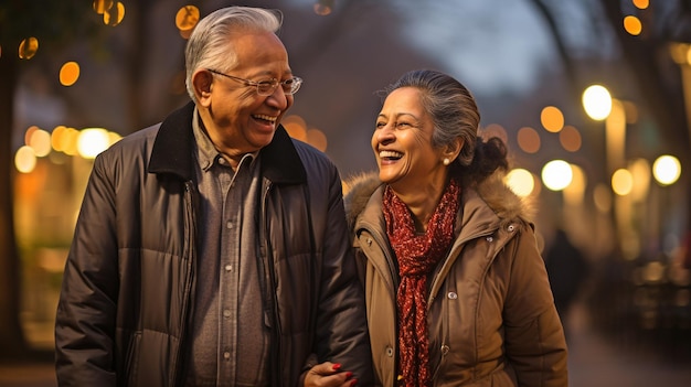 Un couple indien âgé riant et souriant dans un parc de New Delhi au crépuscule tout en se tenant par la main à proximité.