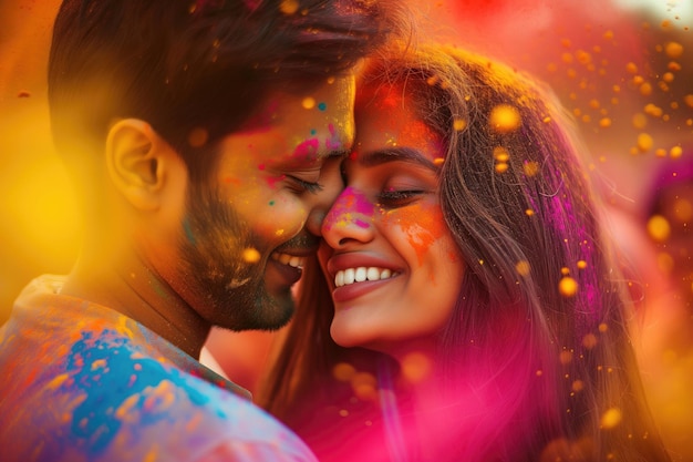 Un couple indien heureux lors de la fête de Holi