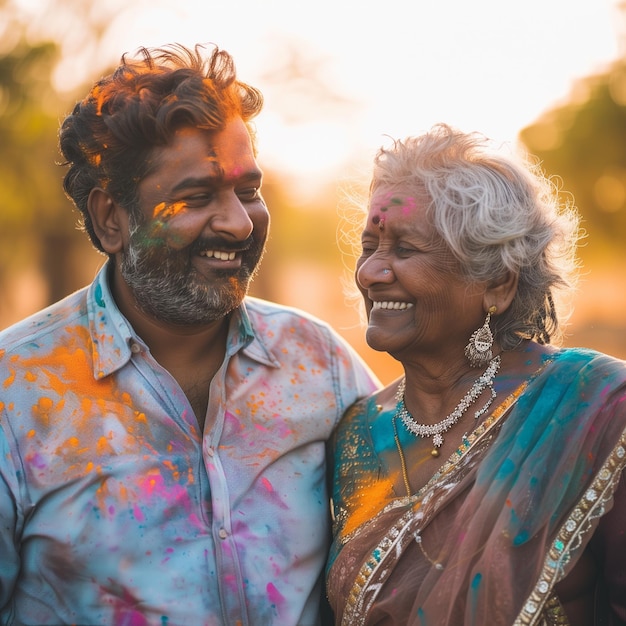 Un couple indien de vieux heureux avec de la peinture holi sur le visage